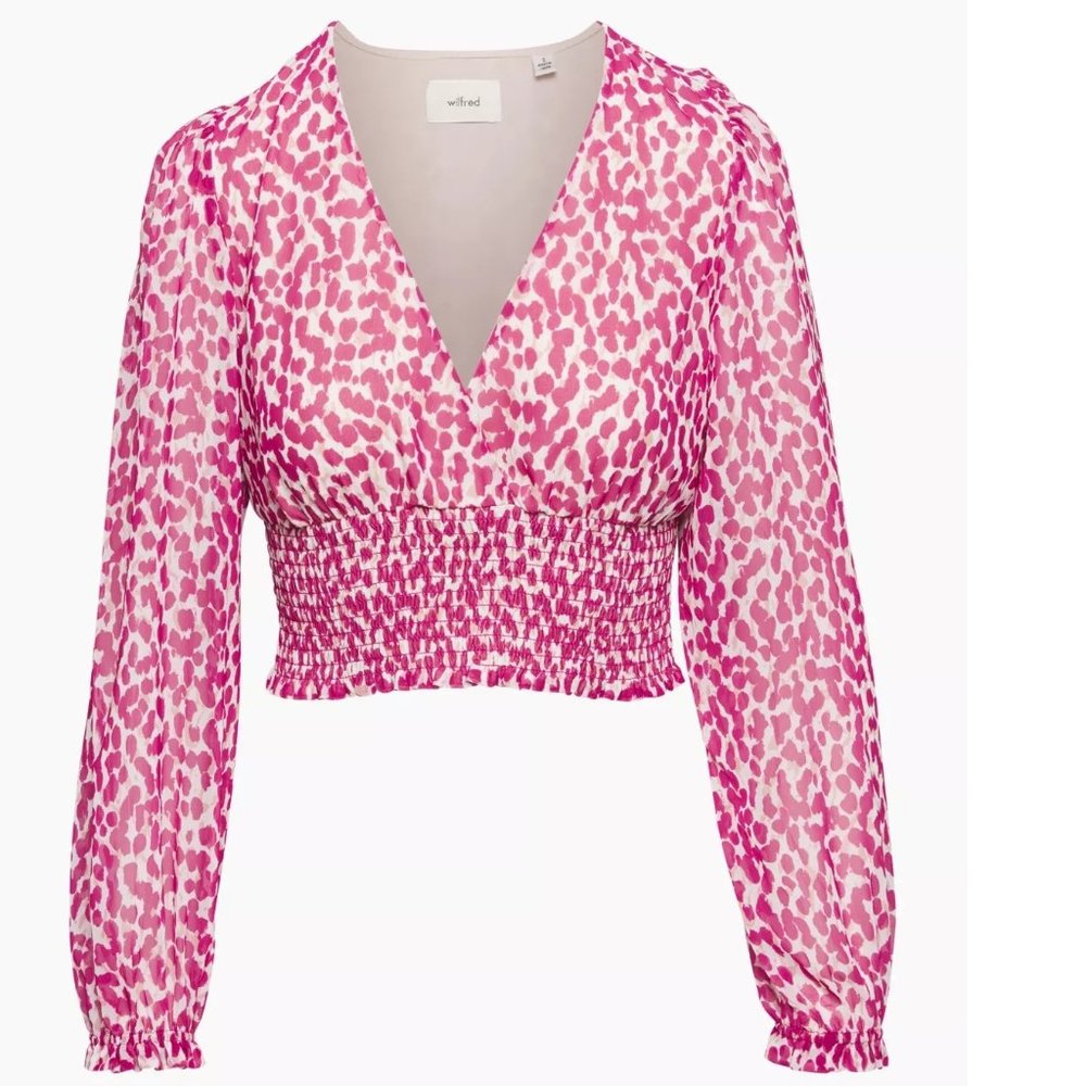 Aritzia Wilfred Wistful Blouse in Light Birch & Deep Magenta Animal Print